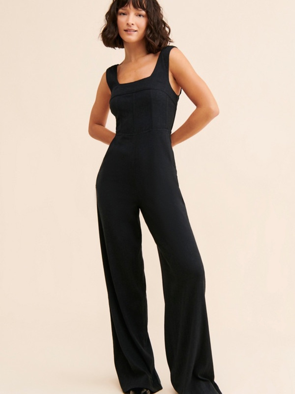 Free People Black Square-Neck Wide-Leg Jumpsuit